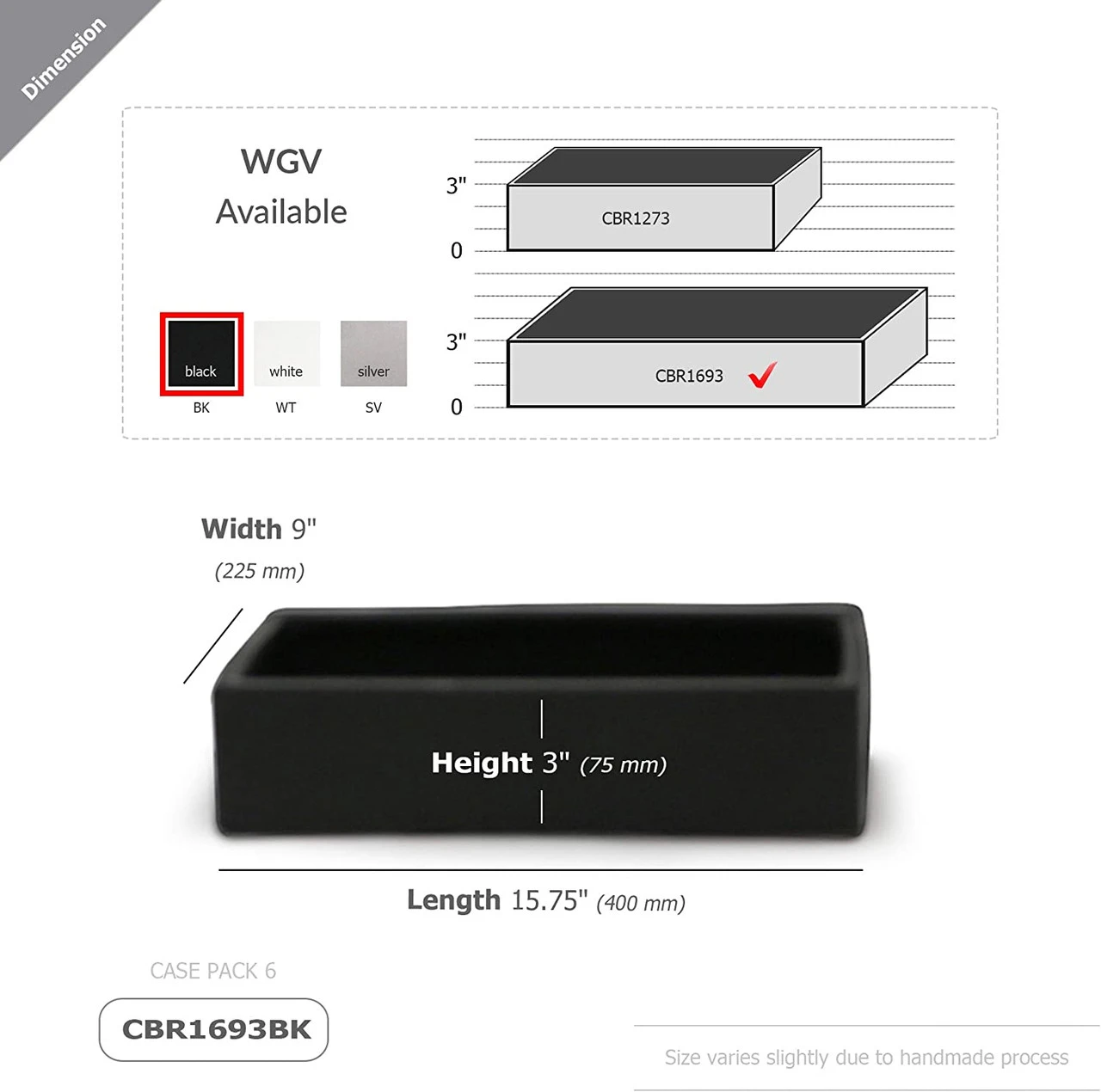 16" X 9" X 3.3" Black Long Low Rectangle - 6 Pieces 2 16" X 9" X 3.3" Black Long Low Rectangle - 6 Pieces - Image 2