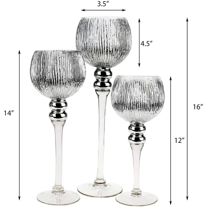 Set Of 3 Mercury Silver Etched Glass, H-12" H-14" H-16" (Wholesale 3 SETS/Case) 2 Set Of 3 Mercury Silver Etched Glass, H-12" H-14" H-16" (Wholesale 3 SETS/Case) - Image 2