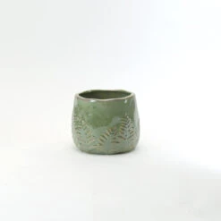 Large Green Reactive Ceramic Bowl With Fern Print - 8 Pieces