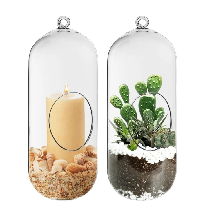 Glass Hanging Capsule Plant Terrarium Tealight Candle Holder, H-12" W-4.25" (Wholesale 12 PCS/Case) 1 Glass Hanging Capsule Plant Terrarium Tealight Candle Holder, H-12" W-4.25" (Wholesale 12 PCS/Case)