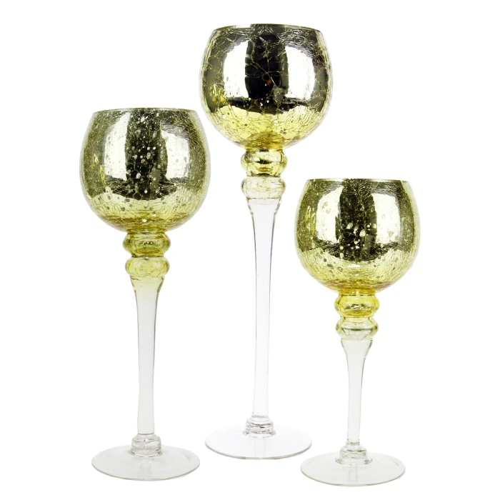 Set Of 3 Mercury Gold Crackle Glass, H-12" H-14" H-16" (Wholesale 3 SETS/Case) 1 Set Of 3 Mercury Gold Crackle Glass, H-12" H-14" H-16" (Wholesale 3 SETS/Case)