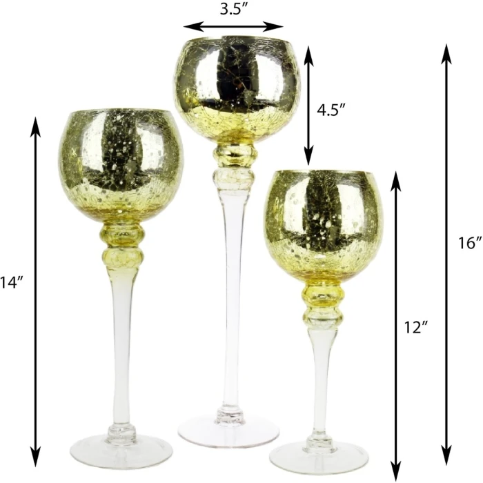Set Of 3 Mercury Gold Crackle Glass, H-12" H-14" H-16" (Wholesale 3 SETS/Case) 2 Set Of 3 Mercury Gold Crackle Glass, H-12" H-14" H-16" (Wholesale 3 SETS/Case) - Image 2