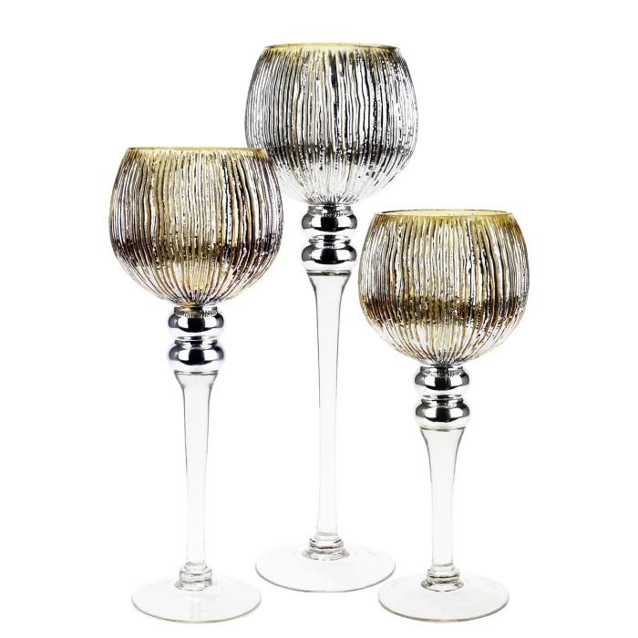 Set Of 3 Mercury Gold Etched Glass, H-12" H-14" H-16" (Wholesale 3 SETS/Case) 1 Set Of 3 Mercury Gold Etched Glass, H-12" H-14" H-16" (Wholesale 3 SETS/Case)