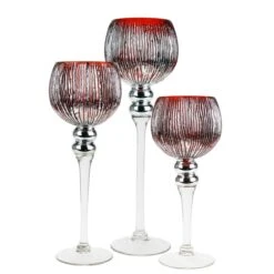 Set Of 3 Mercury Red Etched Glass, H-12" H-14" H-16" (Wholesale 3 SETS/Case)