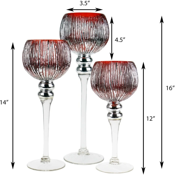 Set Of 3 Mercury Red Etched Glass, H-12" H-14" H-16" (Wholesale 3 SETS/Case) 2 Set Of 3 Mercury Red Etched Glass, H-12" H-14" H-16" (Wholesale 3 SETS/Case) - Image 2
