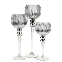 Set Of 3 Mercury Silver Etched Glass, H-12" H-14" H-16" (Wholesale 3 SETS/Case)