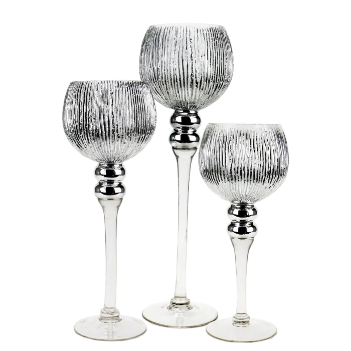 Set Of 3 Mercury Silver Etched Glass, H-12" H-14" H-16" (Wholesale 3 SETS/Case) 1 Set Of 3 Mercury Silver Etched Glass, H-12" H-14" H-16" (Wholesale 3 SETS/Case)