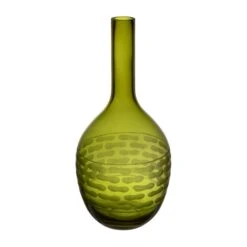 Decorative Olive Green Carved Glass Vase H-14.5" D-1.5" (Wholesale 6 Pcs Per Case)