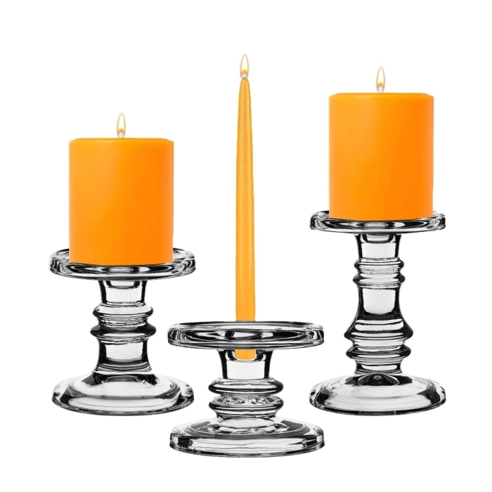 Set Of 3 Classic Glass Dual Use Pillar Taper Candle Holders, H-3.25" H-4.5" H-6.25" (Wholesale 4 SETS/Case) 7 Set Of 3 Classic Glass Dual Use Pillar Taper Candle Holders, H-3.25" H-4.5" H-6.25" (Wholesale 4 SETS/Case) - Image 7