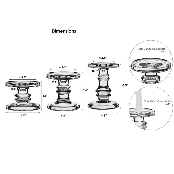 Set Of 3 Classic Glass Dual Use Pillar Taper Candle Holders, H-3.25" H-4.5" H-6.25" (Wholesale 4 SETS/Case) 2 Set Of 3 Classic Glass Dual Use Pillar Taper Candle Holders, H-3.25" H-4.5" H-6.25" (Wholesale 4 SETS/Case) - Image 2