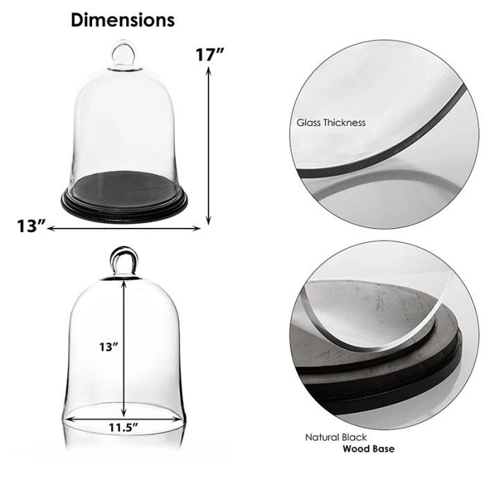 Glass Bell Dome Cloche With Black Wood Base, H-17" D-13" (Wholesale 2 PCS/Case) 2 Glass Bell Dome Cloche With Black Wood Base, H-17" D-13" (Wholesale 2 PCS/Case) - Image 2