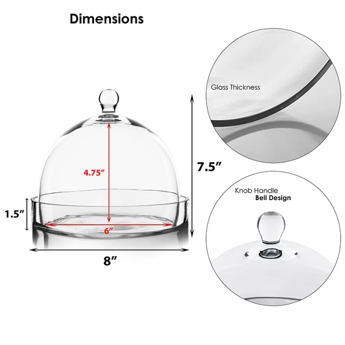 Glass Bell Dome Cloche With Glass Tray Base, H-7.5" D-8" (Wholesale 4 PCS/Case) 2 Glass Bell Dome Cloche With Glass Tray Base, H-7.5" D-8" (Wholesale 4 PCS/Case) - Image 2