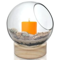 Case Of 6 - Glass Bubble Bowl With Wood Base, H-8.5" W-7" -Home Decoration Discount gcu220 07 cndl