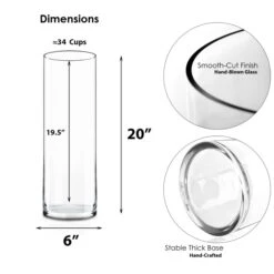 Glass Cylinder Vase H-8", 12", 16", 20", 26", 32", 40" D-6" Clear (Wholesale Pack Of 4) -Home Decoration Discount gcy122 20 dim 2
