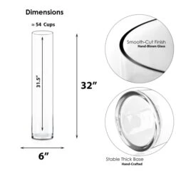 Glass Cylinder Vase H-8", 12", 16", 20", 26", 32", 40" D-6" Clear (Wholesale Pack Of 4) -Home Decoration Discount gcy122 32 dim 1