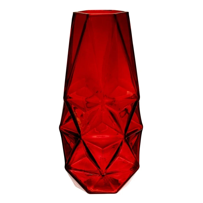 Red Glass Geometric Flower Vase, H-8" W-4.25" (Wholesale 12 PCS/Case) 3 Red Glass Geometric Flower Vase, H-8" W-4.25" (Wholesale 12 PCS/Case) - Image 3