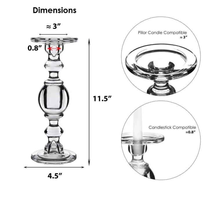 Baluster Glass Dual Use Pillar Taper Candle Holder, H-11.5" W-4.5" (Wholesale 6 PCS/Case) 2 Baluster Glass Dual Use Pillar Taper Candle Holder, H-11.5" W-4.5" (Wholesale 6 PCS/Case) - Image 2