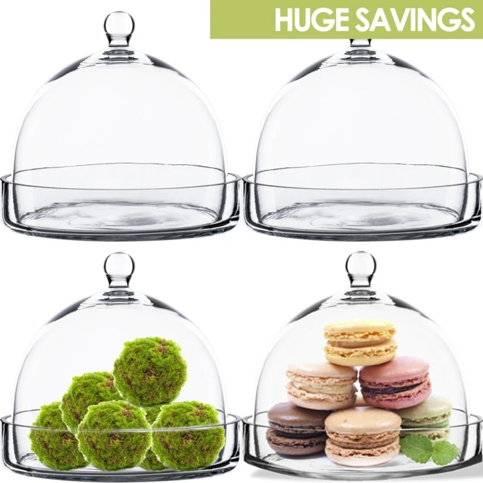 Glass Bell Dome Cloche With Glass Tray Base, H-7.5" D-8" (Wholesale 4 PCS/Case) 1 Glass Bell Dome Cloche With Glass Tray Base, H-7.5" D-8" (Wholesale 4 PCS/Case)