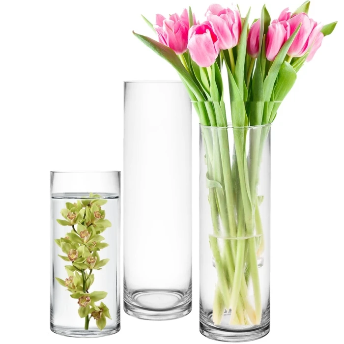 Glass Cylinder Vase Set Of 3. H-9", 12", 14" D-4" (Pack Of 12 Sets - 36 Pcs) 1 Glass Cylinder Vase Set Of 3. H-9", 12", 14" D-4" (Pack Of 12 Sets - 36 Pcs)