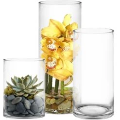 Glass Cylinder Vase Set Of 3, D-6" X H-8", 12", 16" (4 Sets - 12 Vases)