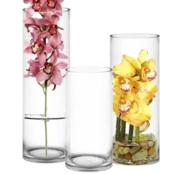 Glass Cylinder Vase Set Of 3, D-6" X H-12", 16", 20" (4 Sets - 12 Vases)