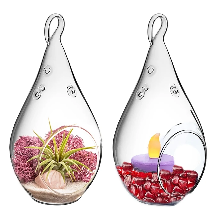 Glass Hanging Teardrop Plant Terrarium Candle Holder, H-7.25" W-3.5" (Wholesale 36 PCS/Case) 1 Glass Hanging Teardrop Plant Terrarium Candle Holder, H-7.25" W-3.5" (Wholesale 36 PCS/Case)