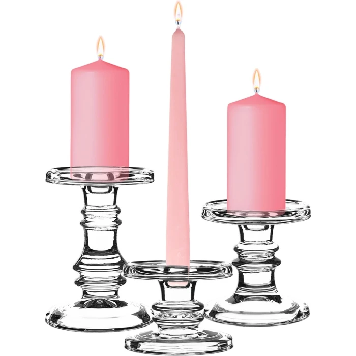 Set Of 3 Classic Glass Dual Use Pillar Taper Candle Holders, H-3.25" H-4.5" H-6.25" (Wholesale 4 SETS/Case) 1 Set Of 3 Classic Glass Dual Use Pillar Taper Candle Holders, H-3.25" H-4.5" H-6.25" (Wholesale 4 SETS/Case)