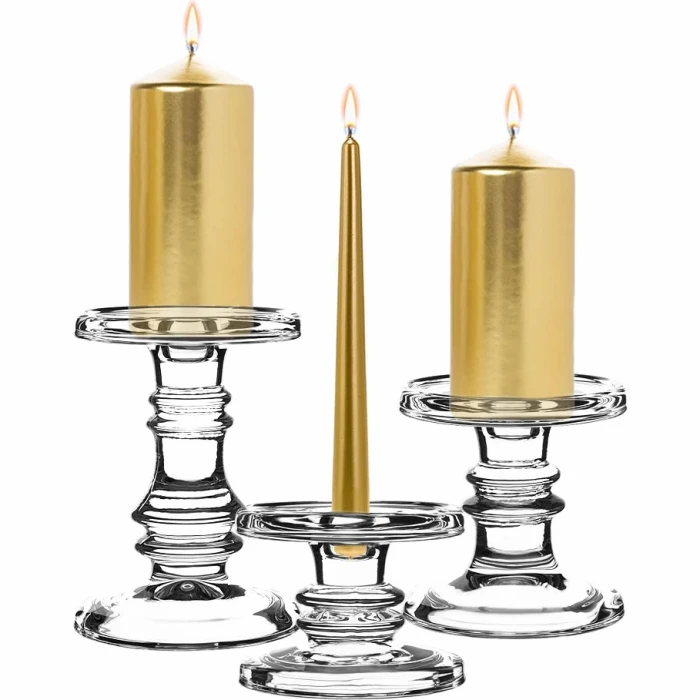 Set Of 3 Classic Glass Dual Use Pillar Taper Candle Holders, H-3.25" H-4.5" H-6.25" (Wholesale 4 SETS/Case) 8 Set Of 3 Classic Glass Dual Use Pillar Taper Candle Holders, H-3.25" H-4.5" H-6.25" (Wholesale 4 SETS/Case) - Image 8