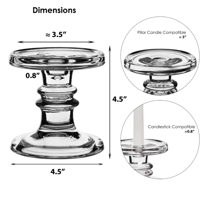 Set Of 3 Classic Glass Dual Use Pillar Taper Candle Holders, H-3.25" H-4.5" H-6.25" (Wholesale 4 SETS/Case) 5 Set Of 3 Classic Glass Dual Use Pillar Taper Candle Holders, H-3.25" H-4.5" H-6.25" (Wholesale 4 SETS/Case) - Image 5