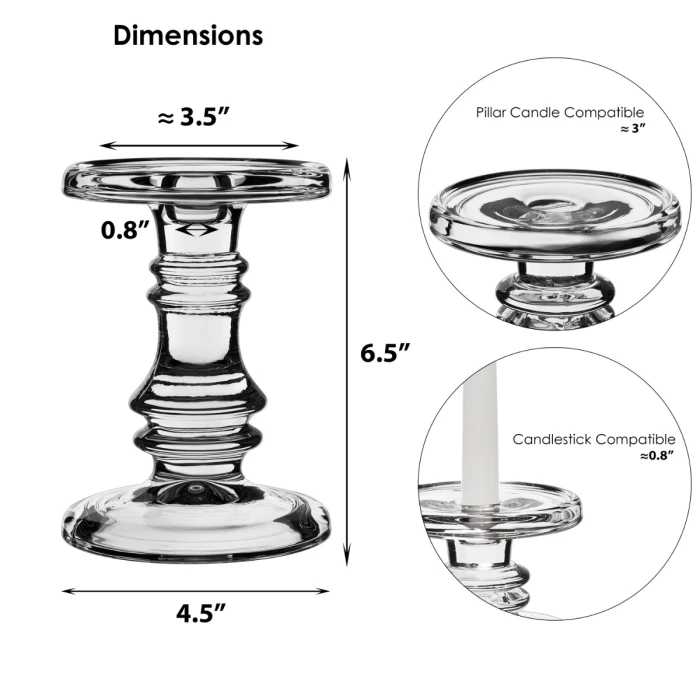 Set Of 3 Classic Glass Dual Use Pillar Taper Candle Holders, H-3.25" H-4.5" H-6.25" (Wholesale 4 SETS/Case) 6 Set Of 3 Classic Glass Dual Use Pillar Taper Candle Holders, H-3.25" H-4.5" H-6.25" (Wholesale 4 SETS/Case) - Image 6