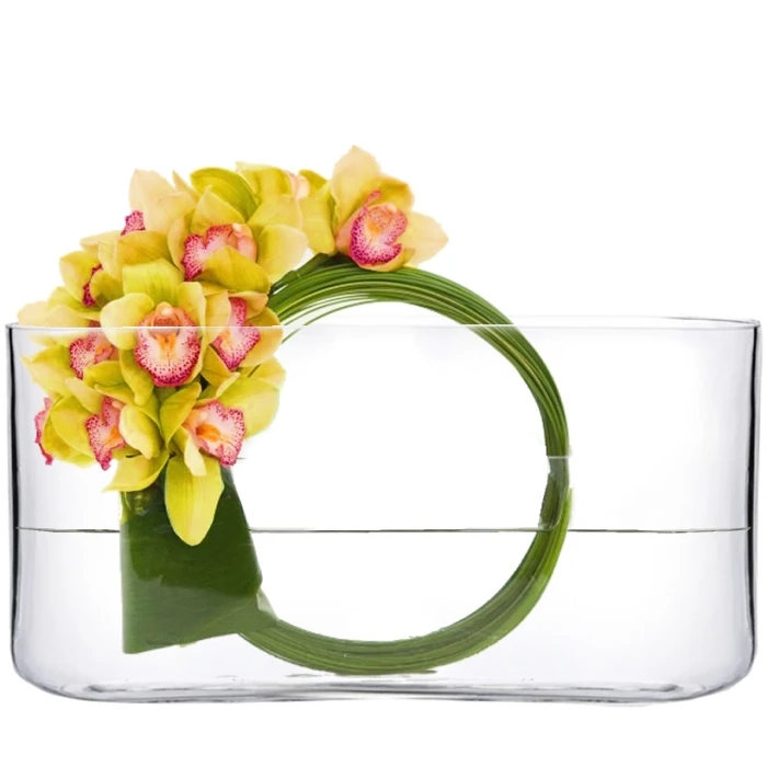 Glass Rectangle Round Edge Oval Vase, L-16"x W-3"x H-8" (Wholesale 4 PCS/Case) 1 Glass Rectangle Round Edge Oval Vase, L-16"x W-3"x H-8" (Wholesale 4 PCS/Case)
