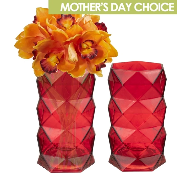Red Glass Geometric Flower Vase, H-8" W-4" (Wholesale 12 PCS/Case) 1 Red Glass Geometric Flower Vase, H-8" W-4" (Wholesale 12 PCS/Case)