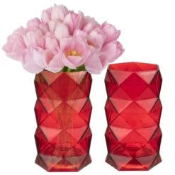 Red Glass Geometric Flower Vase, H-8" W-4" (Wholesale 12 PCS/Case) 7 Red Glass Geometric Flower Vase, H-8" W-4" (Wholesale 12 PCS/Case) -Home Decoration Discount glass red geometric vases valentines ggv108