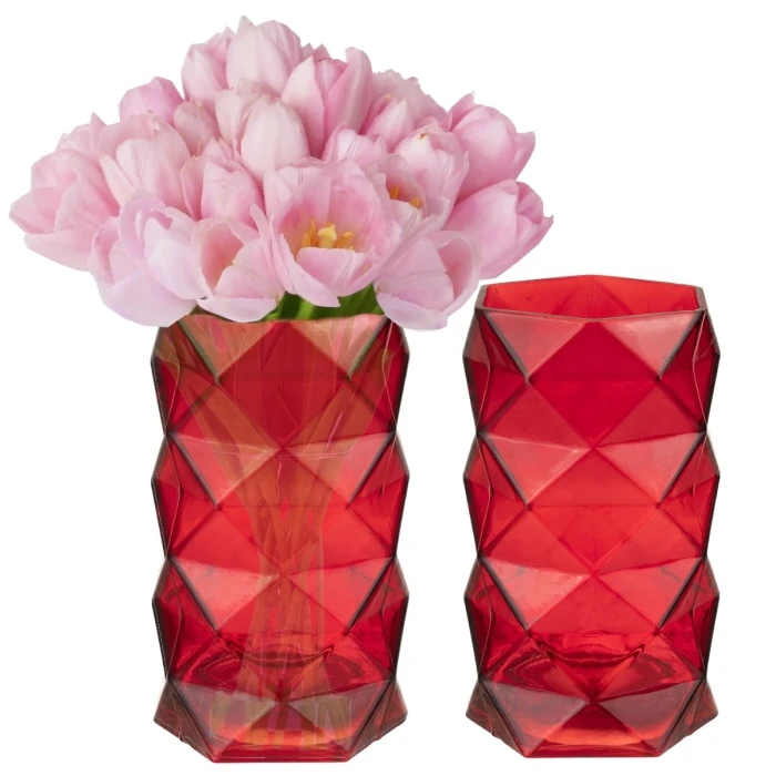 Red Glass Geometric Flower Vase, H-8" W-4" (Wholesale 12 PCS/Case) 4 Red Glass Geometric Flower Vase, H-8" W-4" (Wholesale 12 PCS/Case) - Image 4