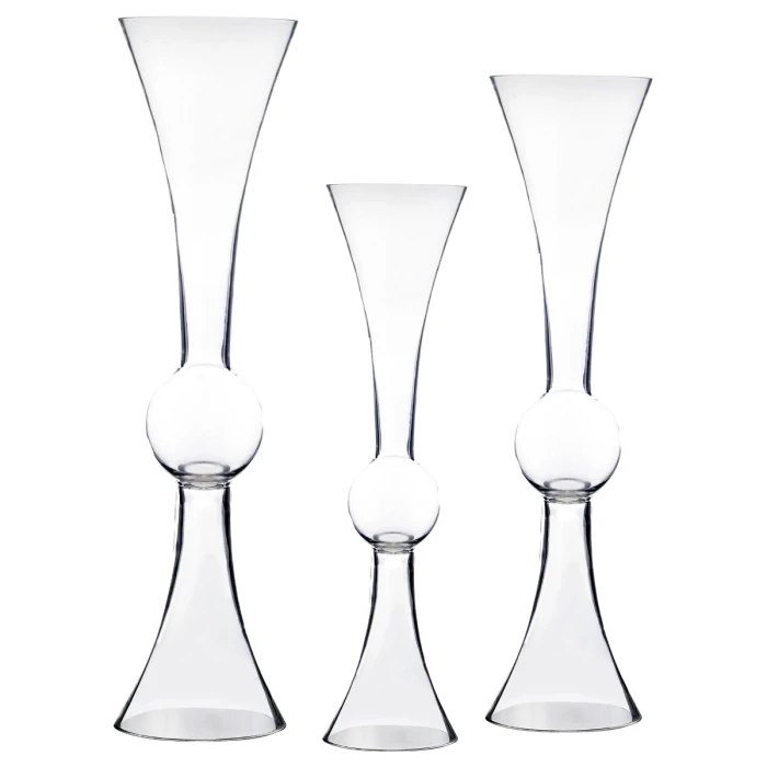 4 Pcs Reversible Glass Trumpet Clarinet Vase, H-24" X 6", 30" X 7.75" And 36" X 9" 1 4 Pcs Reversible Glass Trumpet Clarinet Vase, H-24" X 6", 30" X 7.75" And 36" X 9"