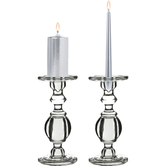 Baluster Glass Dual Use Pillar Taper Candle Holder, H-9.5" W-4.5" (Wholesale 6 PCS/Case) 1 Baluster Glass Dual Use Pillar Taper Candle Holder, H-9.5" W-4.5" (Wholesale 6 PCS/Case)