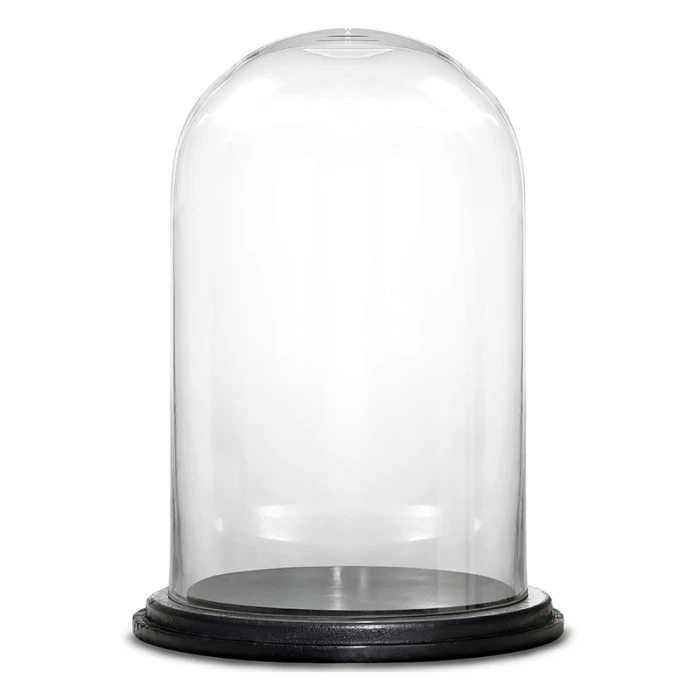 Glass Cloche Display Dome With Black Wood Base, H-11" D-7" (Wholesale 4 PCS/Case) 1 Glass Cloche Display Dome With Black Wood Base, H-11" D-7" (Wholesale 4 PCS/Case)