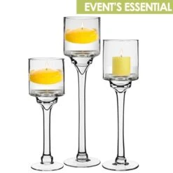 Long Stem Glass Candle Holder Set Of 3. H-12"/14"/16" X D-4" (Pack Of 6 Pcs)