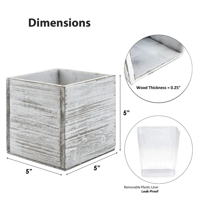 Natural Wood Cube White Planter Box With Plastic Liner, 5" X 5" X 5" (Wholesale 24 PCS/Case) 2 Natural Wood Cube White Planter Box With Plastic Liner, 5" X 5" X 5" (Wholesale 24 PCS/Case) - Image 2
