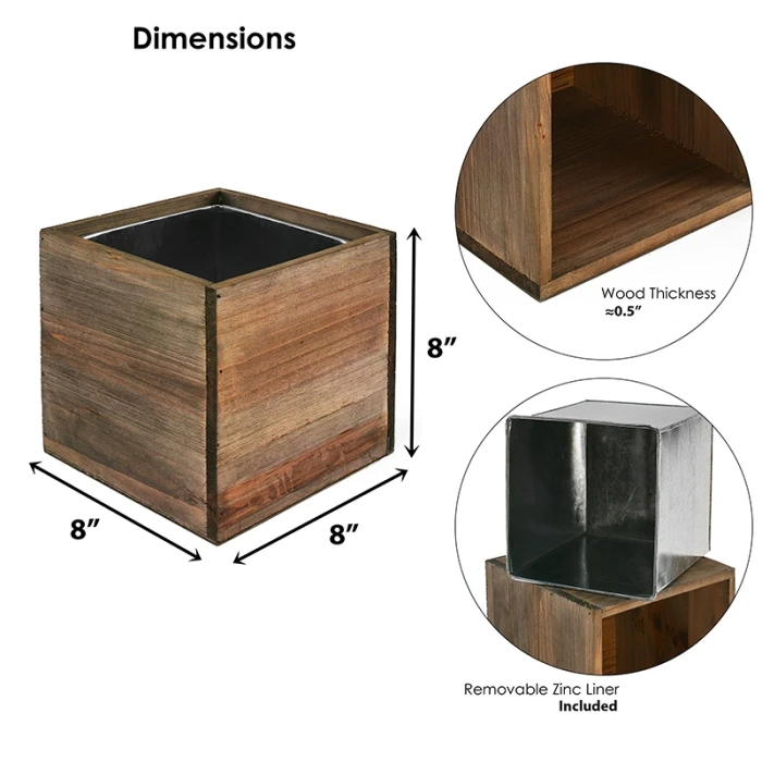 Wood Cube Planter Box With Zinc Metal Liner, 8" X 8" X 8" (Wholesale 8 PCS/Case) 2 Wood Cube Planter Box With Zinc Metal Liner, 8" X 8" X 8" (Wholesale 8 PCS/Case) - Image 2