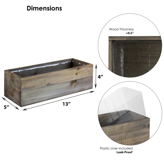 Natural Wood Rectangle Planter Box With Plastic Liner, 5" X 13" X 4" (Wholesale 12 PCS/Case) 2 Natural Wood Rectangle Planter Box With Plastic Liner, 5" X 13" X 4" (Wholesale 12 PCS/Case) - Image 2