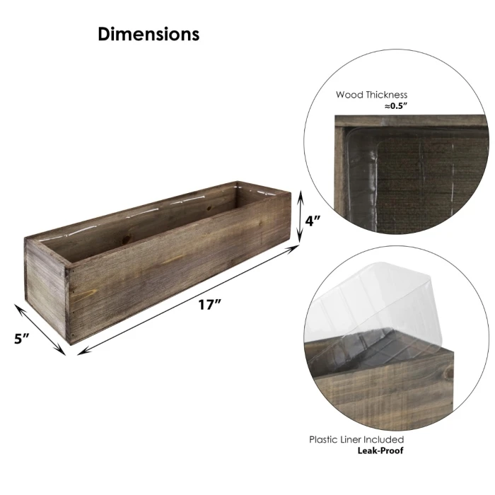 Natural Wood Rectangle Planter Box With Plastic Liner, 5" X 17" X 4" (Wholesale 12 PCS/Case) 2 Natural Wood Rectangle Planter Box With Plastic Liner, 5" X 17" X 4" (Wholesale 12 PCS/Case) - Image 2