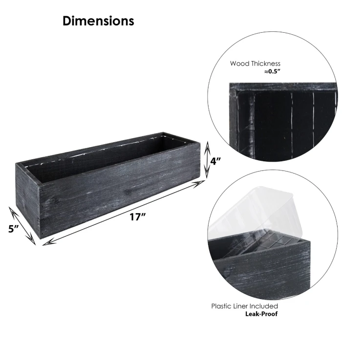 Black Wood Rectangle Planter Box With Plastic Liner, 5" X 17" X 4" (Wholesale 12 PCS/Case) 2 Black Wood Rectangle Planter Box With Plastic Liner, 5" X 17" X 4" (Wholesale 12 PCS/Case) - Image 2