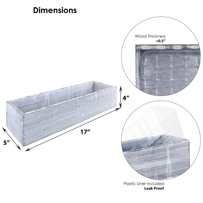 White/Grey Wood Rectangle Planter Box With Plastic Liner, 5" X 17" X 4" (Wholesale 12 PCS/Case) 2 White/Grey Wood Rectangle Planter Box With Plastic Liner, 5" X 17" X 4" (Wholesale 12 PCS/Case) - Image 2