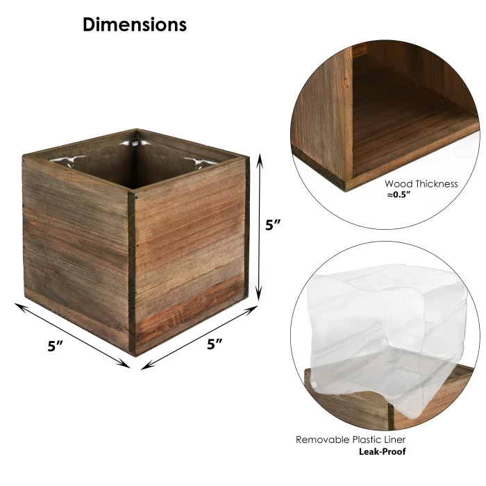 Natural Wood Cube Planter Box With Plastic Liner, 5" X 5" X 5" (Wholesale 24 PCS/Case) 2 Natural Wood Cube Planter Box With Plastic Liner, 5" X 5" X 5" (Wholesale 24 PCS/Case) - Image 2