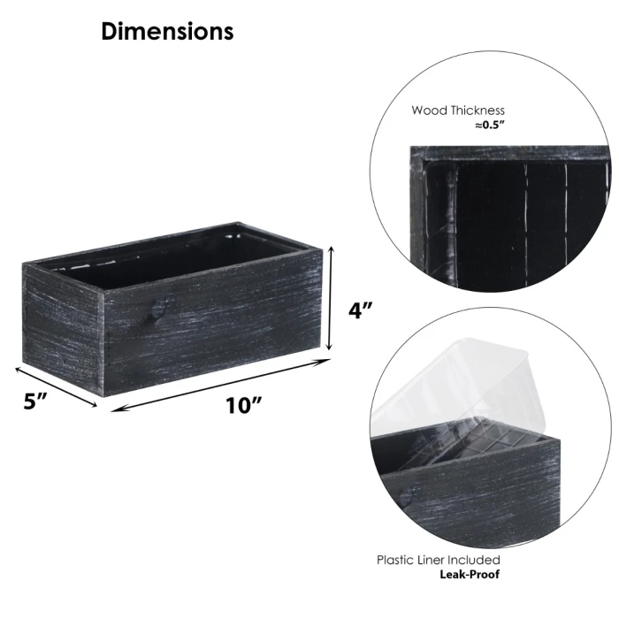 4" X 10" X 5" Rectangle Black Planter Wood Box With Plastic Liner 2 4" X 10" X 5" Rectangle Black Planter Wood Box With Plastic Liner - Image 2