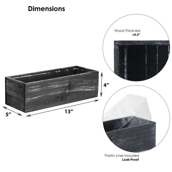 Black Wood Rectangle Planter Box With Plastic Liner, 5" X 13" X 4" (Wholesale 12 PCS/Case) 2 Black Wood Rectangle Planter Box With Plastic Liner, 5" X 13" X 4" (Wholesale 12 PCS/Case) - Image 2