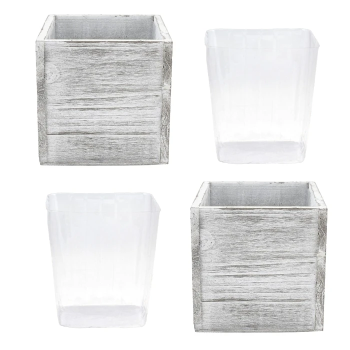 Natural Wood Cube White Planter Box With Plastic Liner, 5" X 5" X 5" (Wholesale 24 PCS/Case) 3 Natural Wood Cube White Planter Box With Plastic Liner, 5" X 5" X 5" (Wholesale 24 PCS/Case) - Image 3