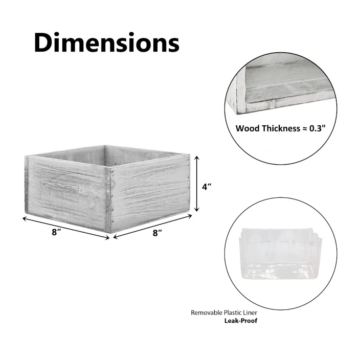 Wood Square White Planter Box With Plastic Liner, 8" X 8" X 4" (Wholesale 12 PCS/Case) 2 Wood Square White Planter Box With Plastic Liner, 8" X 8" X 4" (Wholesale 12 PCS/Case) - Image 2