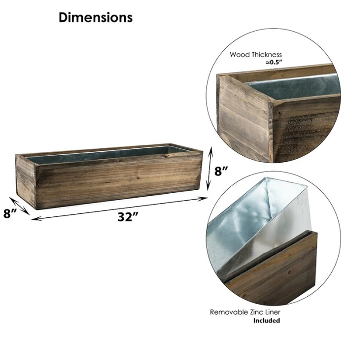 Wood Rectangle Planter Box With Metal Zinc Liner, 8" X 32" X 8" (Wholesale 2 PCS/Case) 2 Wood Rectangle Planter Box With Metal Zinc Liner, 8" X 32" X 8" (Wholesale 2 PCS/Case) - Image 2